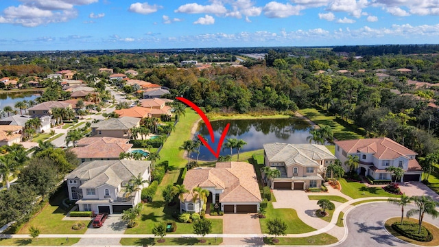 aerial view featuring a water view