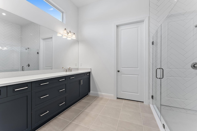 bathroom featuring tile patterned floors, vanity, and walk in shower