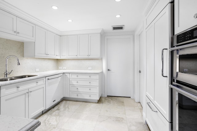 330 S Ocean Blvd Unit E1, Palm Beach, FL 33480 - kitchen featuring dishwasher, double oven, white cabinetry, recessed lighting, and light stone counters