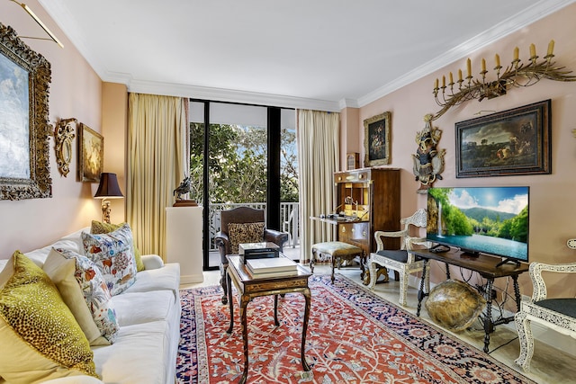 living room with crown molding and expansive windows