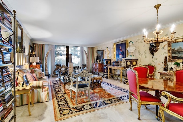 living room featuring an inviting chandelier and ornamental molding