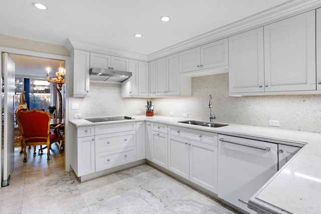 kitchen featuring dishwasher, sink, decorative backsplash, black electric stovetop, and white cabinets