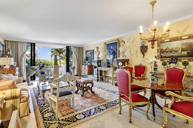 living room with a notable chandelier, crown molding, and expansive windows