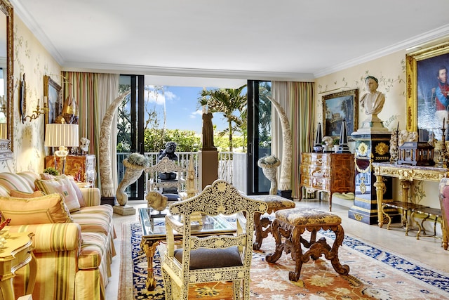 living area with crown molding and expansive windows