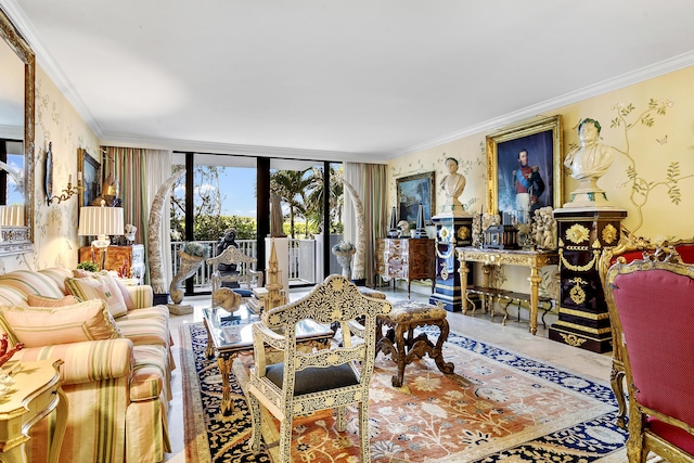 living room featuring a wall of windows and ornamental molding