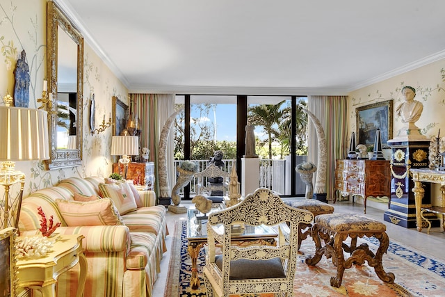 living room with expansive windows and ornamental molding