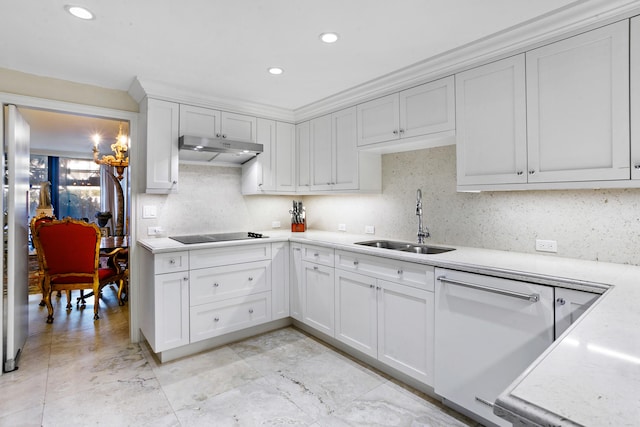 kitchen with sink, dishwasher, tasteful backsplash, black electric stovetop, and white cabinets