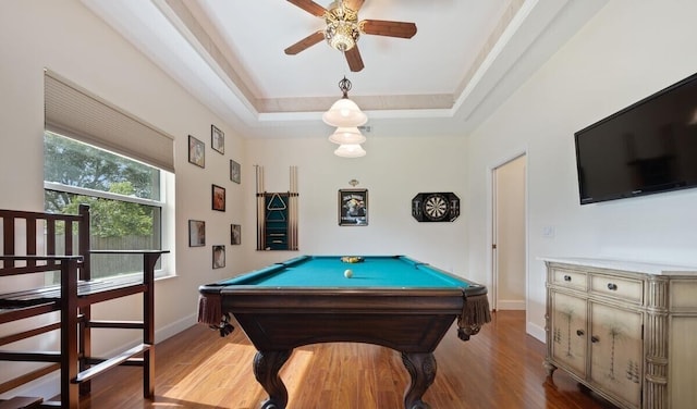 playroom featuring ceiling fan, a raised ceiling, wood-type flooring, and pool table