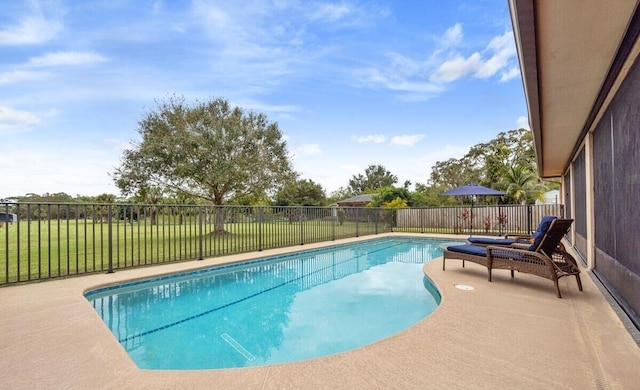 view of swimming pool with a patio area and a lawn