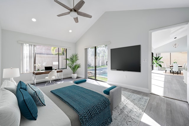 bedroom with access to outside, ceiling fan, high vaulted ceiling, and hardwood / wood-style flooring