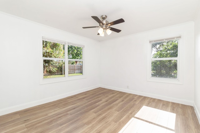 empty room featuring ceiling fan, light hardwood / wood-style floors, and crown molding