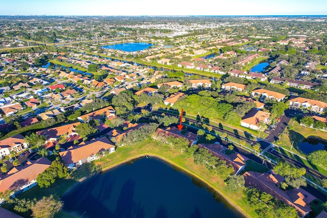 drone / aerial view featuring a water view