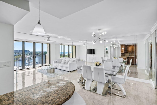 dining room with ceiling fan with notable chandelier