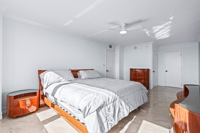 bedroom with ceiling fan and crown molding