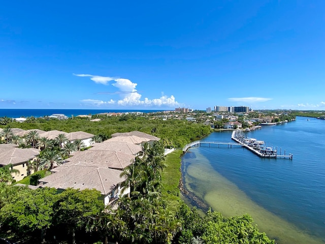 aerial view featuring a water view