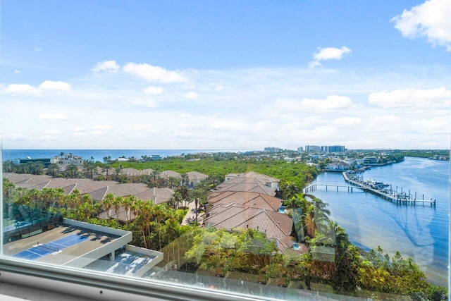 birds eye view of property with a water view