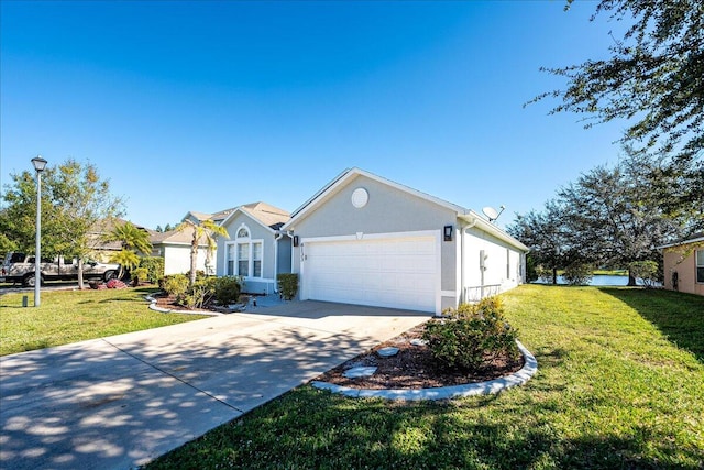 ranch-style house featuring a garage and a front lawn