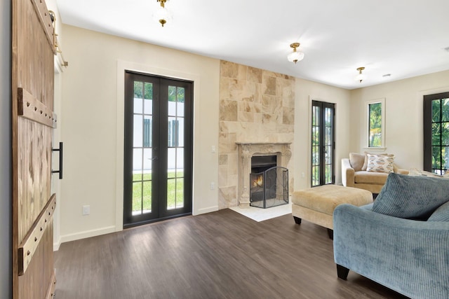 living room featuring dark wood-style flooring, a wealth of natural light, and french doors