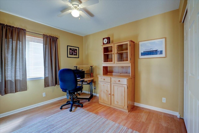 office area featuring light hardwood / wood-style floors and ceiling fan