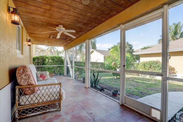 sunroom / solarium featuring ceiling fan and wood ceiling