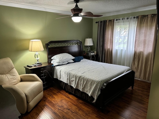 bedroom featuring a textured ceiling, ceiling fan, and dark wood-type flooring