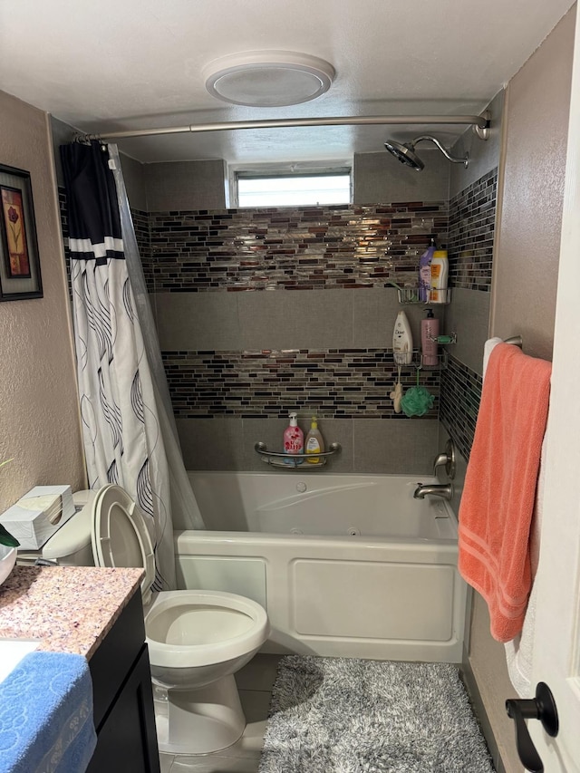 full bathroom featuring vanity, shower / bath combination with curtain, and toilet