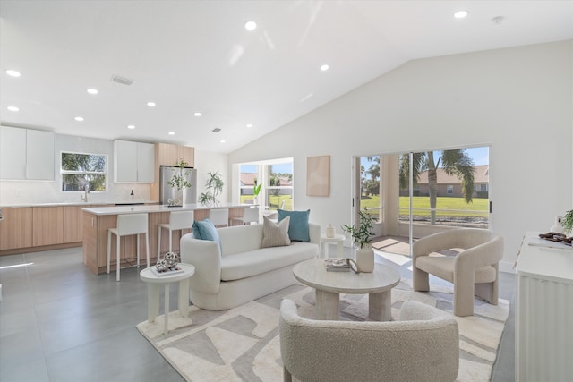 living room with sink and high vaulted ceiling