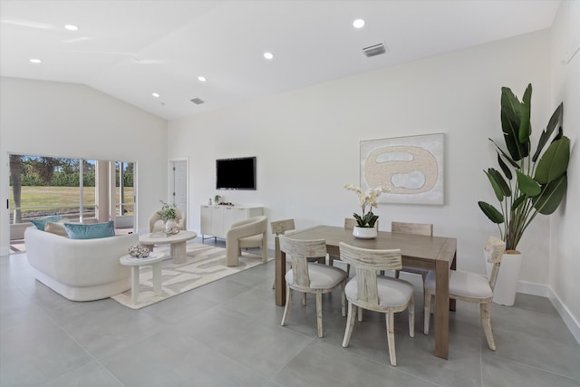 dining area featuring high vaulted ceiling, baseboards, visible vents, and recessed lighting