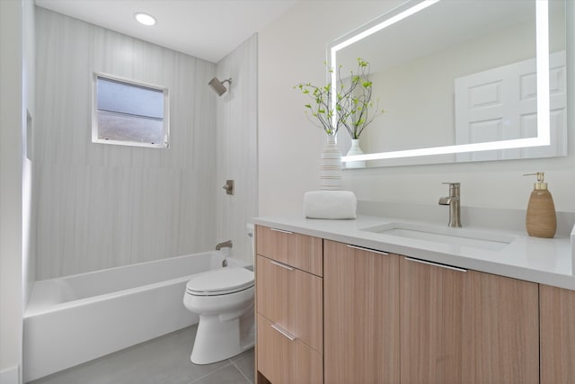 bathroom with toilet, vanity, shower / tub combination, and tile patterned floors