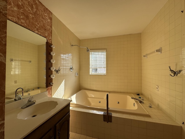 bathroom with vanity and tile walls