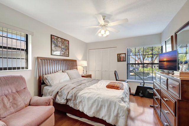 bedroom with light wood-type flooring, a closet, multiple windows, and ceiling fan