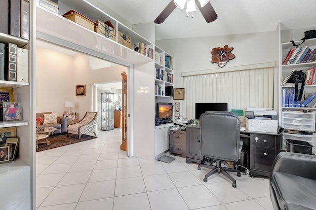 tiled office with ceiling fan