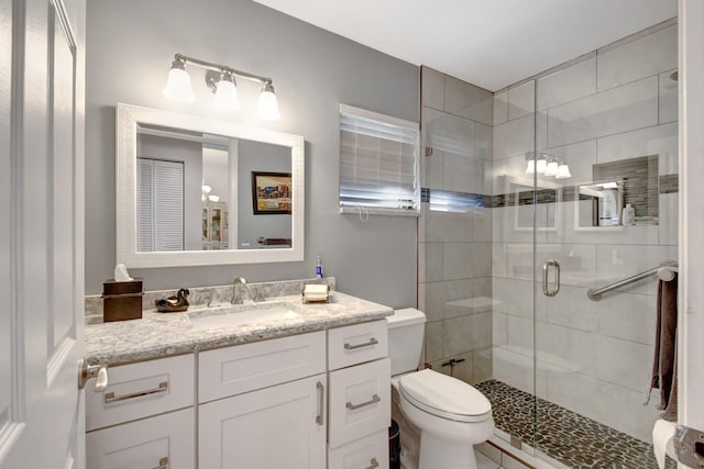 bathroom featuring toilet, vanity, and walk in shower