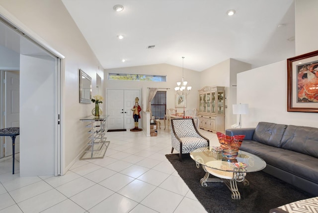 tiled living room with lofted ceiling and an inviting chandelier