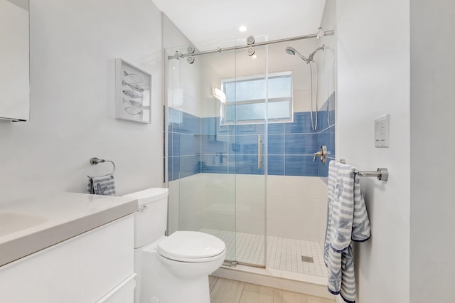 bathroom featuring vanity, toilet, and a shower with shower door