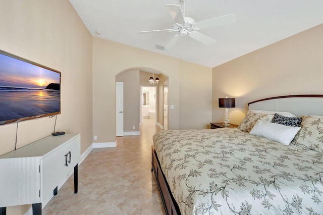 bedroom with ceiling fan and lofted ceiling