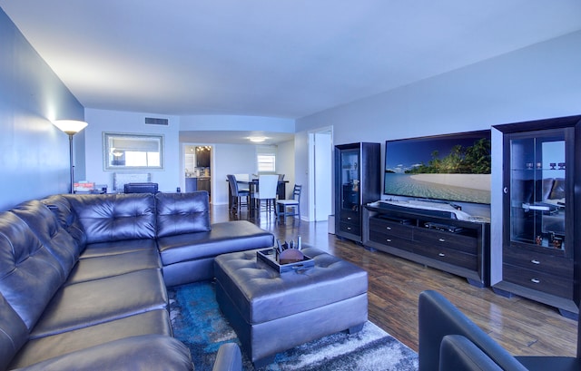 living room with a wealth of natural light and dark wood-type flooring