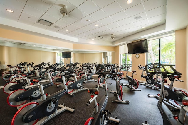 workout area featuring a drop ceiling and a wealth of natural light