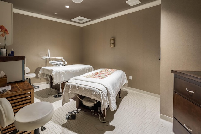 bedroom featuring light colored carpet and crown molding