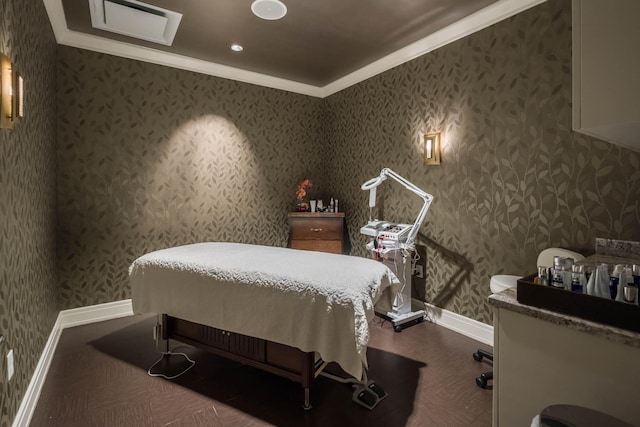 bedroom with crown molding