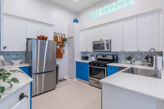 kitchen featuring decorative backsplash, white cabinets, sink, a high ceiling, and stainless steel appliances