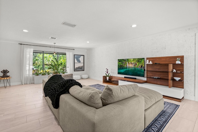 living room featuring ornamental molding