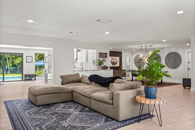 living room with light hardwood / wood-style flooring, a textured ceiling, and ornamental molding