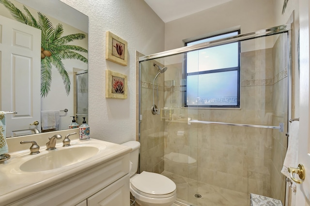 bathroom featuring vanity, toilet, and a shower with shower door