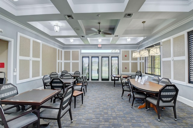 sunroom with beam ceiling, french doors, ceiling fan, and coffered ceiling