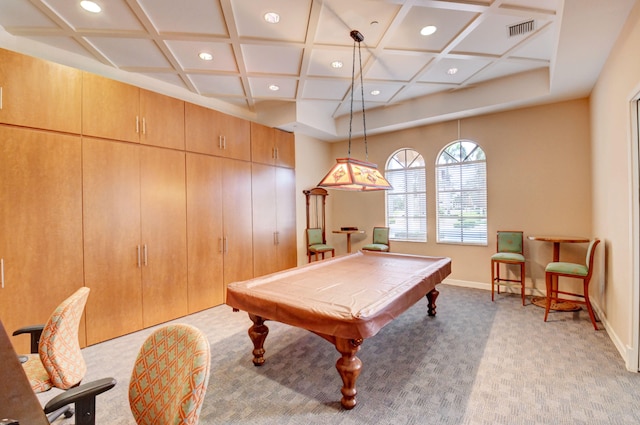 playroom featuring light colored carpet, coffered ceiling, and billiards