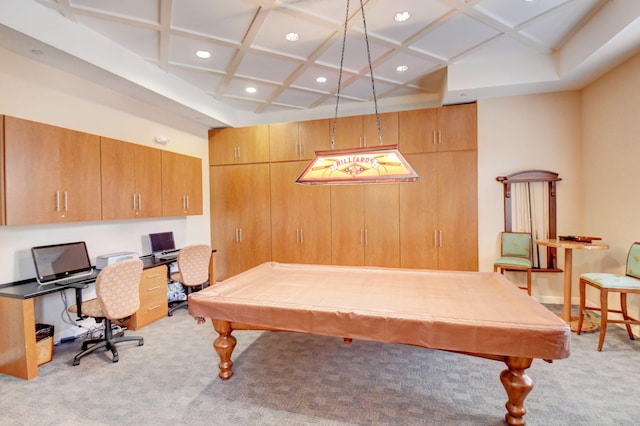 game room featuring light carpet, coffered ceiling, and pool table