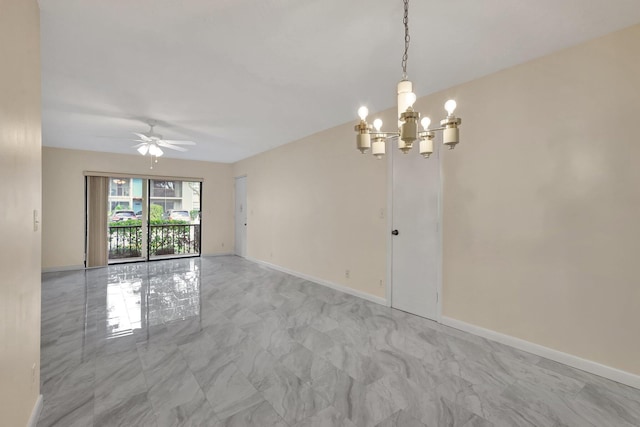 unfurnished room featuring ceiling fan with notable chandelier