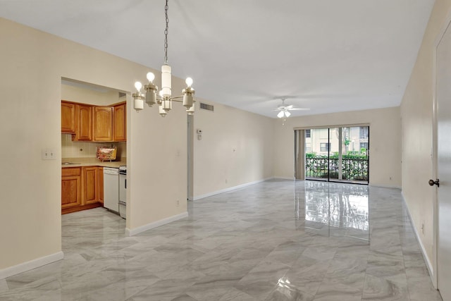 interior space with backsplash, ceiling fan with notable chandelier, white range oven, and hanging light fixtures