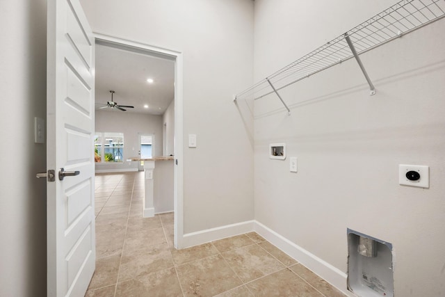 laundry room featuring hookup for a washing machine, ceiling fan, and electric dryer hookup